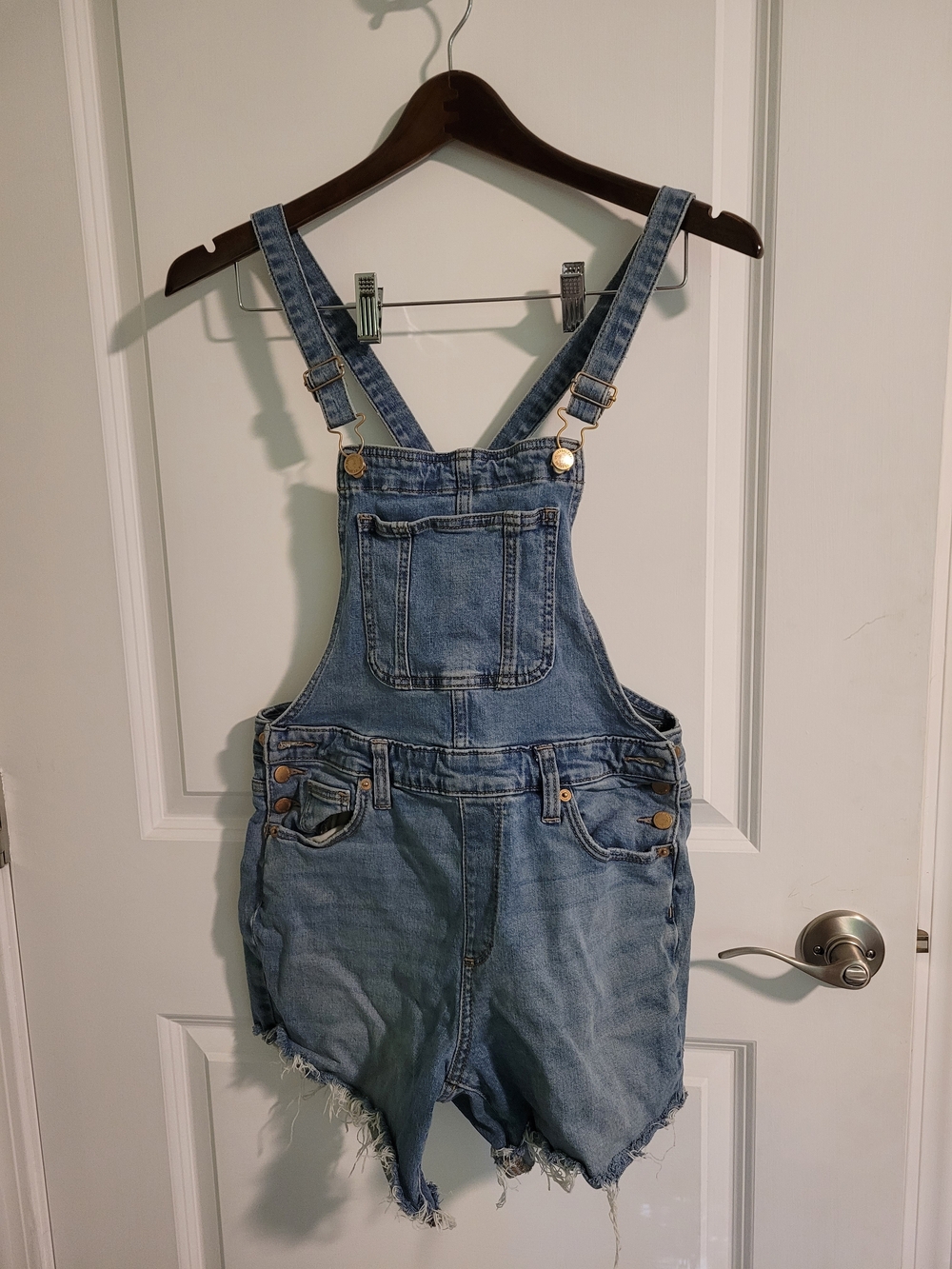 Universal Thread Light Blue Denim Overall Shorts with Yellow Stitching